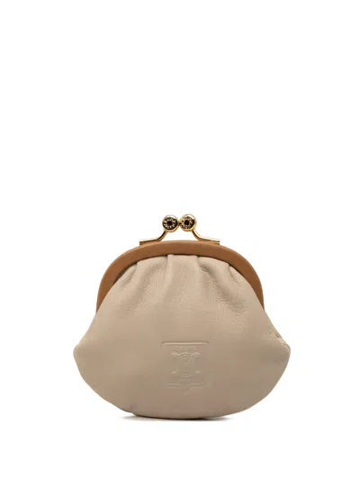 Pre-owned Celine 2007 Leather Macadam Kiss Lock Coin Pouch In Neutral