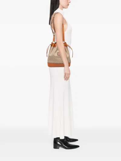 Pre-owned Celine 2007 Macadam Coated Canvas Drawstring Bucket Bag In Brown