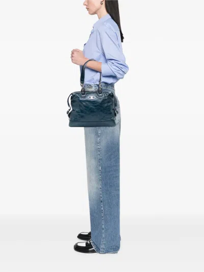 Pre-owned Celine 2008 Crinkled Patent Macadam Shoulder Bag In Blue