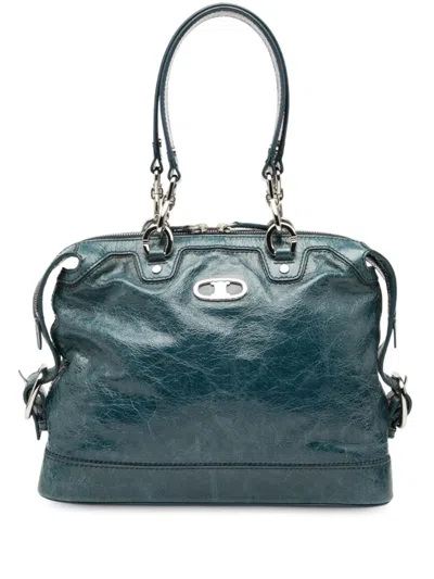 Pre-owned Celine 2008 Crinkled Patent Macadam Shoulder Bag In Blue