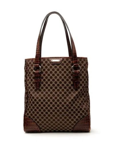 Pre-owned Celine 2008 Croc Embossed Leather Trimmed Macadam Canvas Tote Bag In Brown