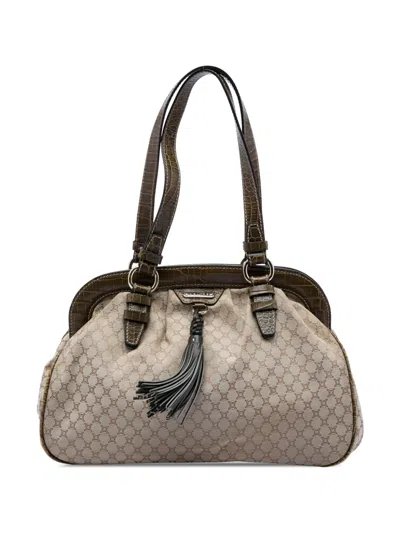 Pre-owned Celine 2008 Macadam Canvas Tassel Frame Satchel In Neutrals