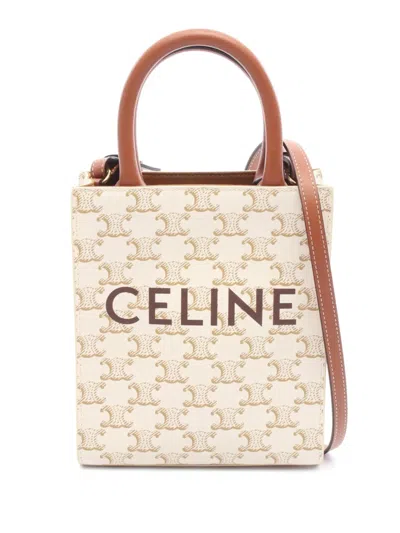 Pre-owned Celine 2010-2025 Mini Triomphe Coated Canvas Vertical Cabas Handbag In White