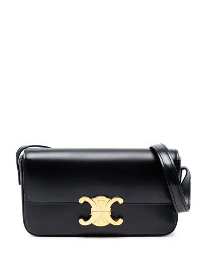 Pre-owned Celine 2010-2025 Shiny Calfskin Triomphe Claude Shoulder Bag In Black