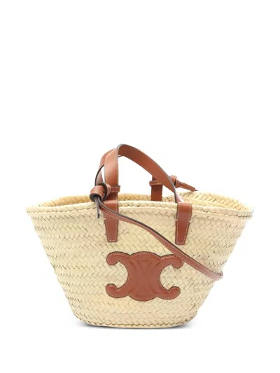 Pre-owned Celine 2010-2025 Teen Raffia Cuir Triomphe Classic Panier Tote Handbag In Brown