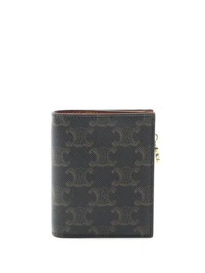 Pre-owned Celine 2010-2025 Triomphe Coated Canvas Compact Bifold Wallet Small Wallets In Brown