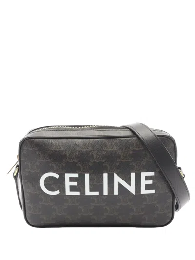 Pre-owned Celine 2010-2026 Medium Triomphe Coated Canvas Logo Crossbody Bag In Black