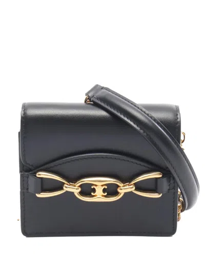Pre-owned Celine 2010-2026 Mini Calfskin Triomphe Wallet On Chain Crossbody Bag In Black