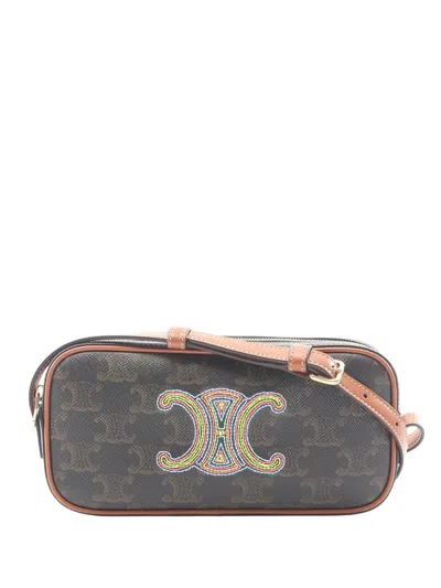 Pre-owned Celine 2010-2026 Mini Triomphe Cuir Coated Canvas Camera Bag Shoulder Bag In Brown