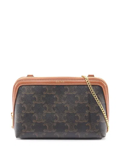 Pre-owned Celine 2010-2026 Triomphe Coated Canvas Clutch On Chain Crossbody Bag In Brown