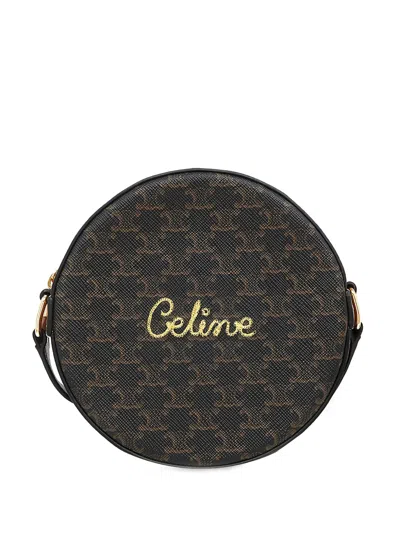 Pre-owned Celine 2010-2026 Triomphe Coated Canvas Embroidered Round Purse On Strap Crossbody Bag In Brown