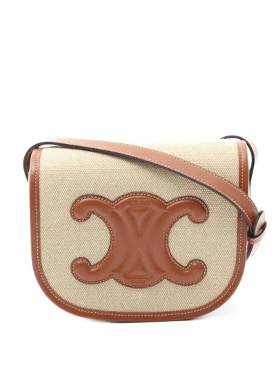 Pre-owned Celine 2010s Folco Cuir Triomphe Leather-detail Canvas Shoulder Bag In Neutral