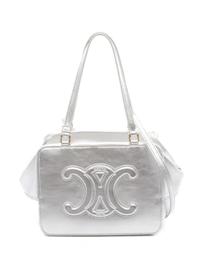 Pre-owned Celine 2010s Folding Cube Triomphe Leather Tote Bag In Silver