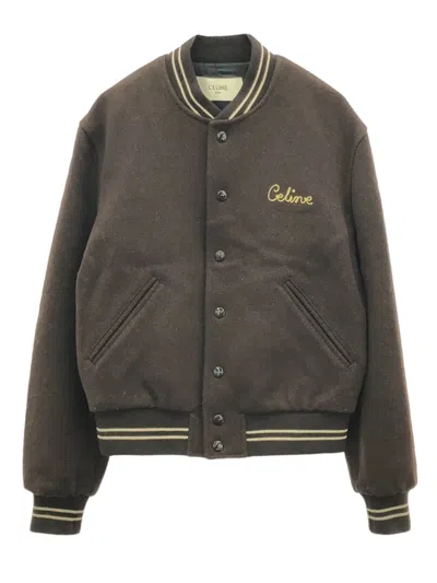 Pre-owned Celine 2010s Logo-embroidered Wool Bomber Jacket In Brown