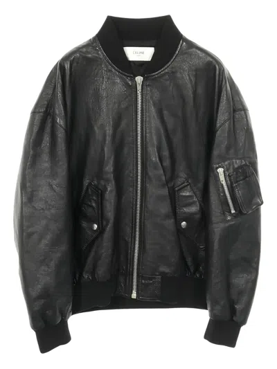 Pre-owned Celine 2010s Logo Studs Leather Bomber Jacket In Black