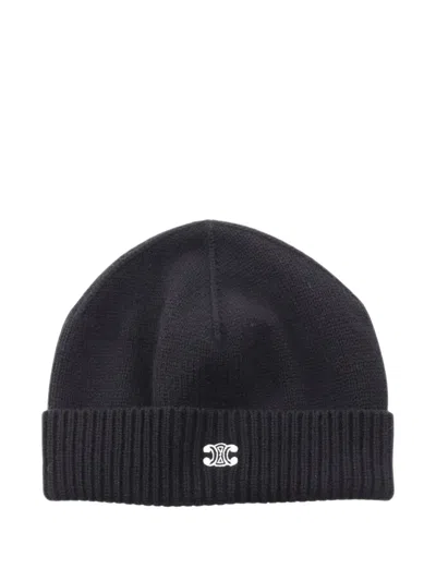 Pre-owned Celine 2010s Triomphe Knit Beanie Hat In Black