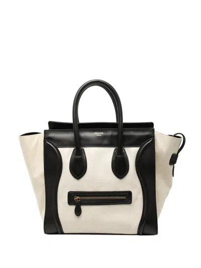 Pre-owned Celine 2011 Mini Bicolor Canvas And Leather Luggage Tote Handbag In Brown