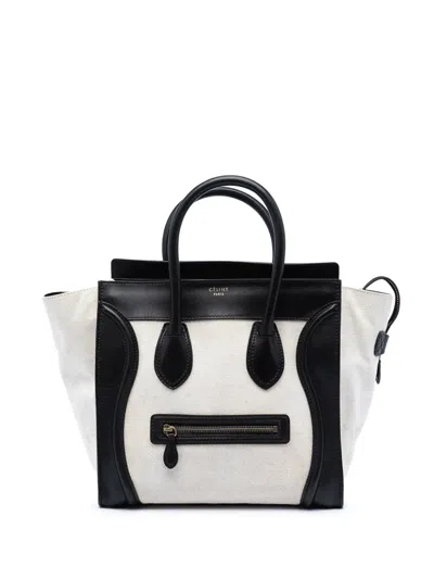 Pre-owned Celine 2011 Mini Bicolor Canvas And Leather Luggage Tote Handbag In Brown