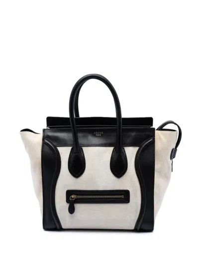 Pre-owned Celine 2011 Mini Bicolor Canvas And Leather Luggage Tote Handbag In Brown
