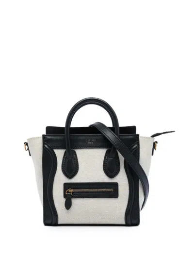 Pre-owned Celine 2011 Nano Bicolor Canvas And Leather Luggage Tote Satchel In White