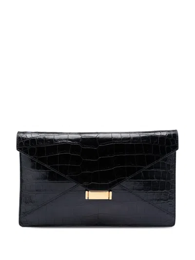 Pre-owned Celine 2012 Croc Embossed Leather Envelope Clutch Bag In Black