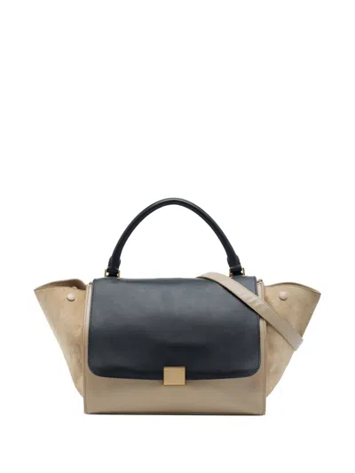 Pre-owned Celine 2012 Medium Bicolor Calfskin And Suede Trapeze Satchel In Neutrals
