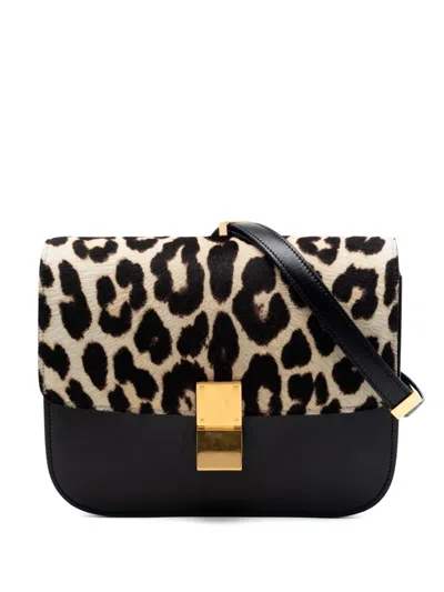 Pre-owned Celine 2012 Medium Calfskin And Leopard Print Pony Hair Classic Box Crossbody Bag In Black