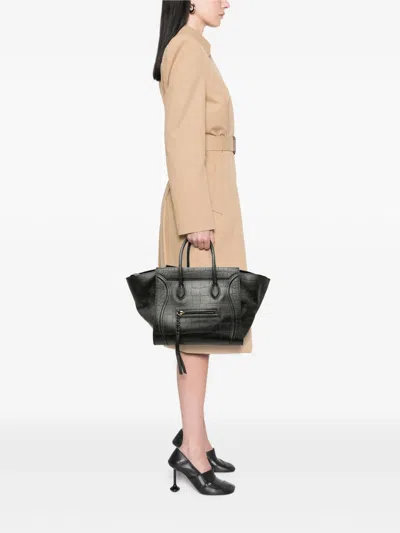 Pre-owned Celine 2012 Medium Croc Embossed Leather Luggage Phantom Tote Bag In Black