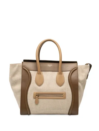 Pre-owned Celine 2012 Mini Tricolor Canvas And Leather Luggage Tote Handbag In Brown