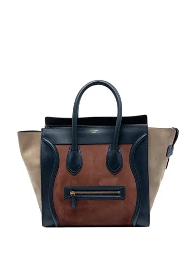 Pre-owned Celine 2012 Mini Tricolor Suede And Calfskin Luggage Tote Bag In Brown