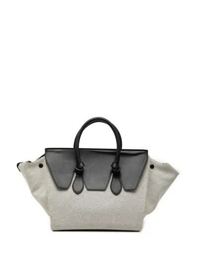 Pre-owned Celine 2013 Small Bicolor Canvas And Calfskin Tie Knot Handbag In Gray