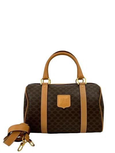 Pre-owned Celine 2014 Macadam Coated Canvas Satchel In Brown