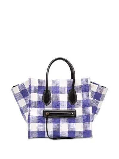 Pre-owned Celine 2014 Medium Gingham Raffia Luggage Phantom Tote Bag In Blue