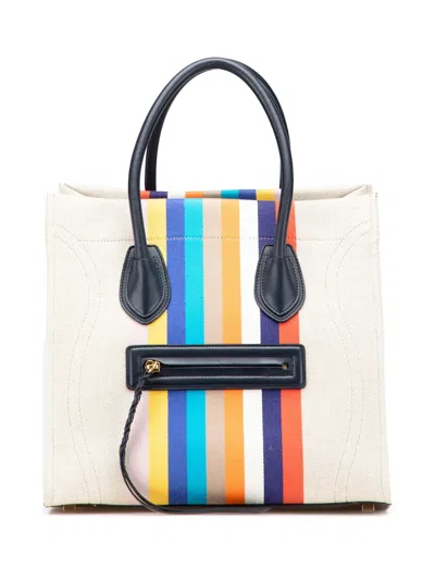Pre-owned Celine 2014 Medium Striped Canvas Phantom Luggage Tote Bag In Brown