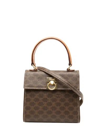 Pre-owned Celine 2014 Mini Macadam Coated Canvas Top Handle Bag Satchel In Brown