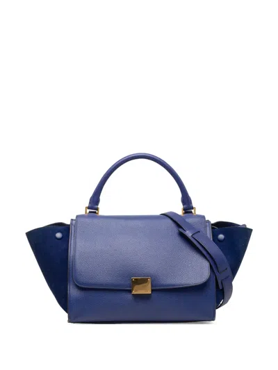 Pre-owned Celine 2014 Small Calfskin And Suede Trapeze Satchel In Blue