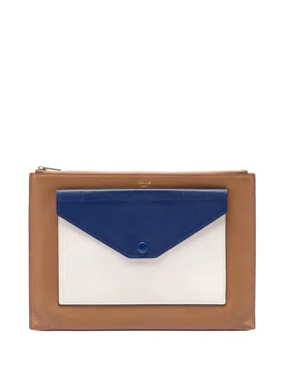 Pre-owned Celine 2014 Tricolor Leather Pocket Envelope Zip Clutch Bag In Brown