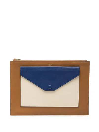 Pre-owned Celine 2014 Tricolor Leather Pocket Envelope Zip Clutch Bag In Brown