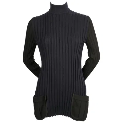 Pre-owned Celine 2015  By Phoebe Philo Navy & Black Ribbed Sweater Tunic With Patch Pockets In Blue