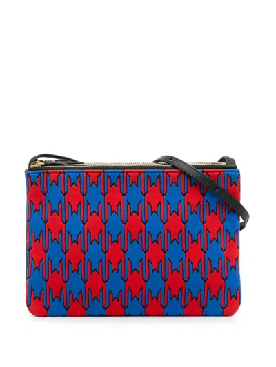 Pre-owned Celine 2015 Large Houndstooth Cotton Trio Crossbody Bag In Blue