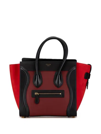 Pre-owned Celine 2015 Micro Tricolor Calfskin Luggage Tote Handbag In Red