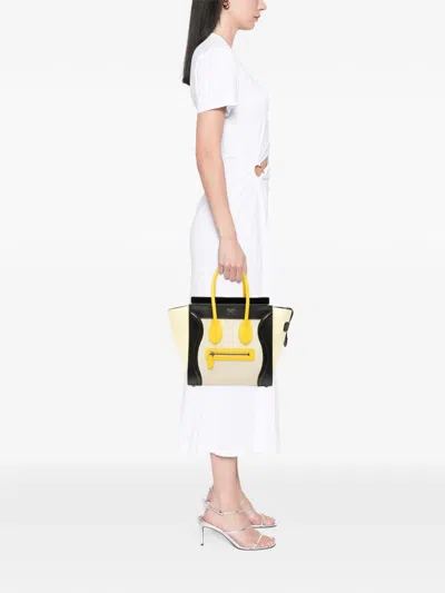 Pre-owned Celine 2015 Micro Tricolor Canvas And Leather Luggage Tote Handbag In Brown