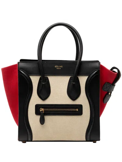 Pre-owned Celine 2015 Micro Tricolor Canvas And Leather Luggage Tote Handbag In Multi