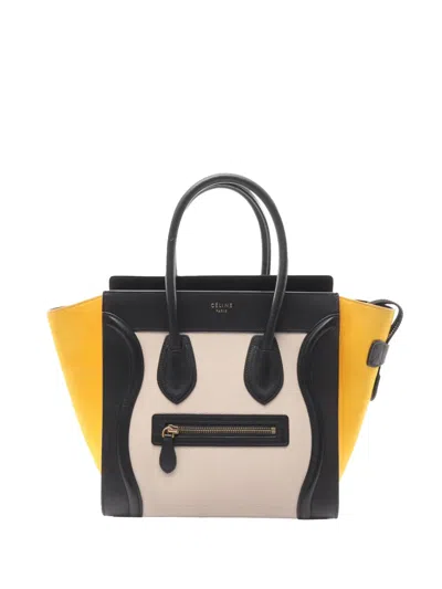 Pre-owned Celine 2015 Micro Tricolor Leather Luggage Tote Handbag In Black