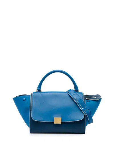 Pre-owned Celine 2015 Small Bicolor Calfskin And Nubuck Trapeze Satchel In Blue