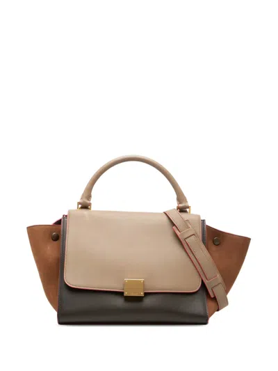 Pre-owned Celine 2015 Small Tricolor Calfskin And Nubuck Trapeze Satchel In Brown