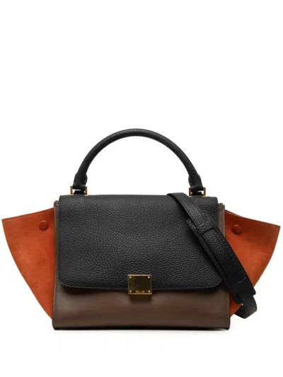 Pre-owned Celine 2015 Small Tricolor Leather Trapeze Satchel In Brown