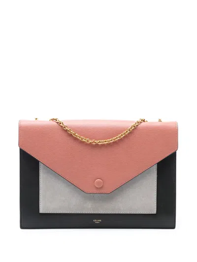 Pre-owned Celine 2015 Tricolor Leather And Suede Pocket Envelope Wallet On Chain Crossbody Bag In Black