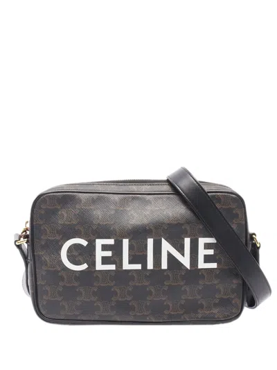 Pre-owned Celine 2015-2026 Medium Triomphe Coated Canvas Logo Crossbody Bag In Black