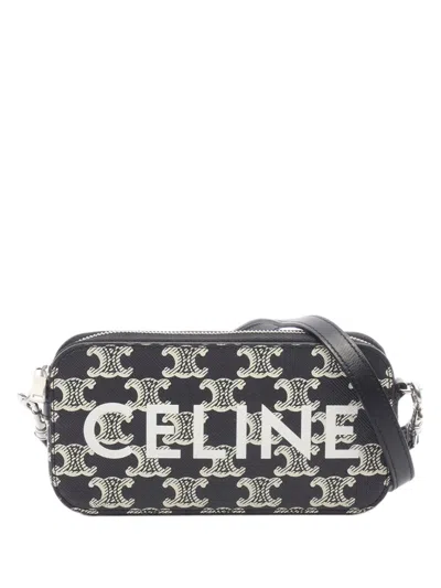 Pre-owned Celine 2015-2026 Triomphe Coated Canvas Logo Horizontal Pouch Crossbody Bag In Black